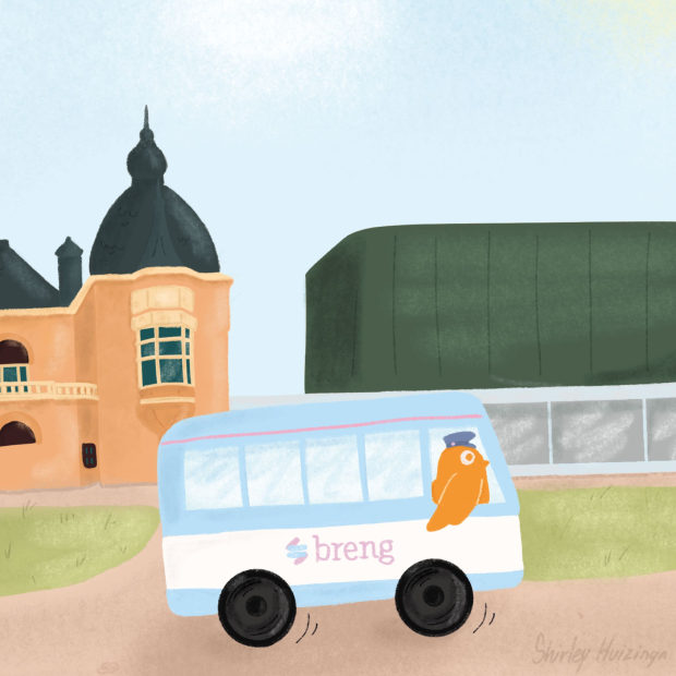 Tekening van Musis en een bus met als chauffeur een mus: Mus in de bus.