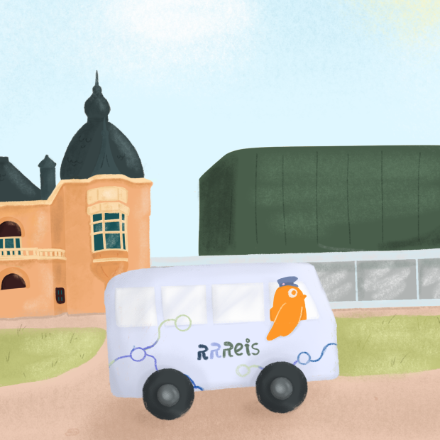 Tekening van Musis en een bus met als chauffeur een mus: Mus in de bus.